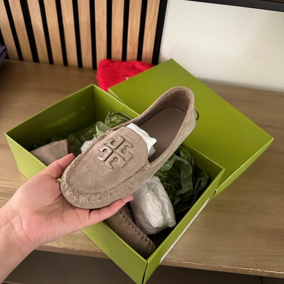 Tory Burch Shoes - Tory Burch Kids Taupe Suede Logo Moccasins